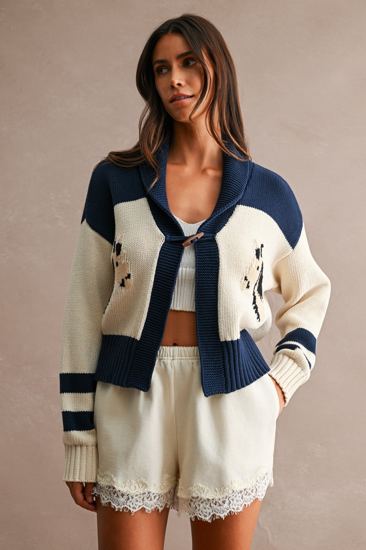 Horse Jacquard Shawl Collar Contrast Panelling Knit Cardigan