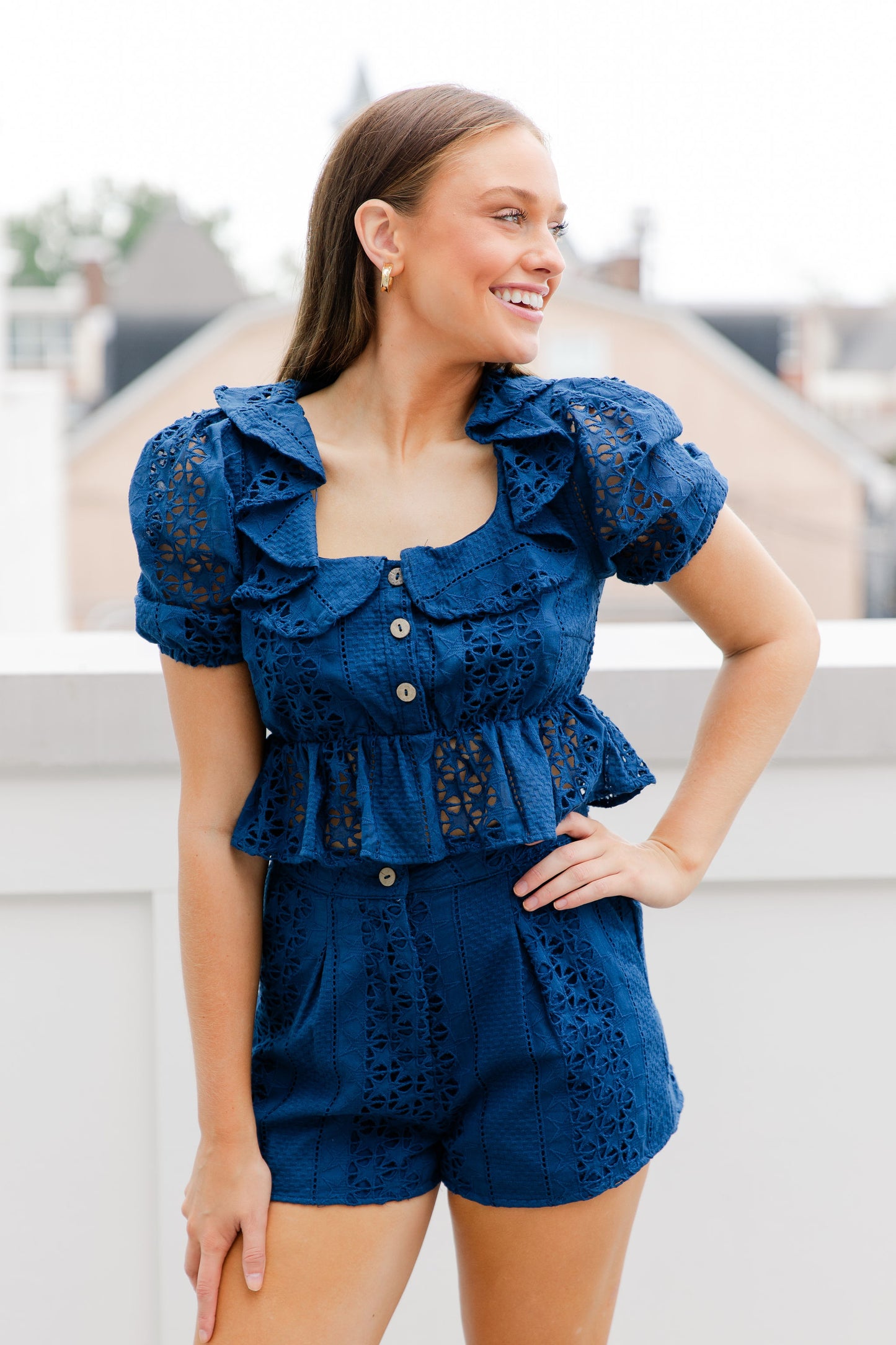 EYELET PUFF SLEEVE BABY DOLL TOP