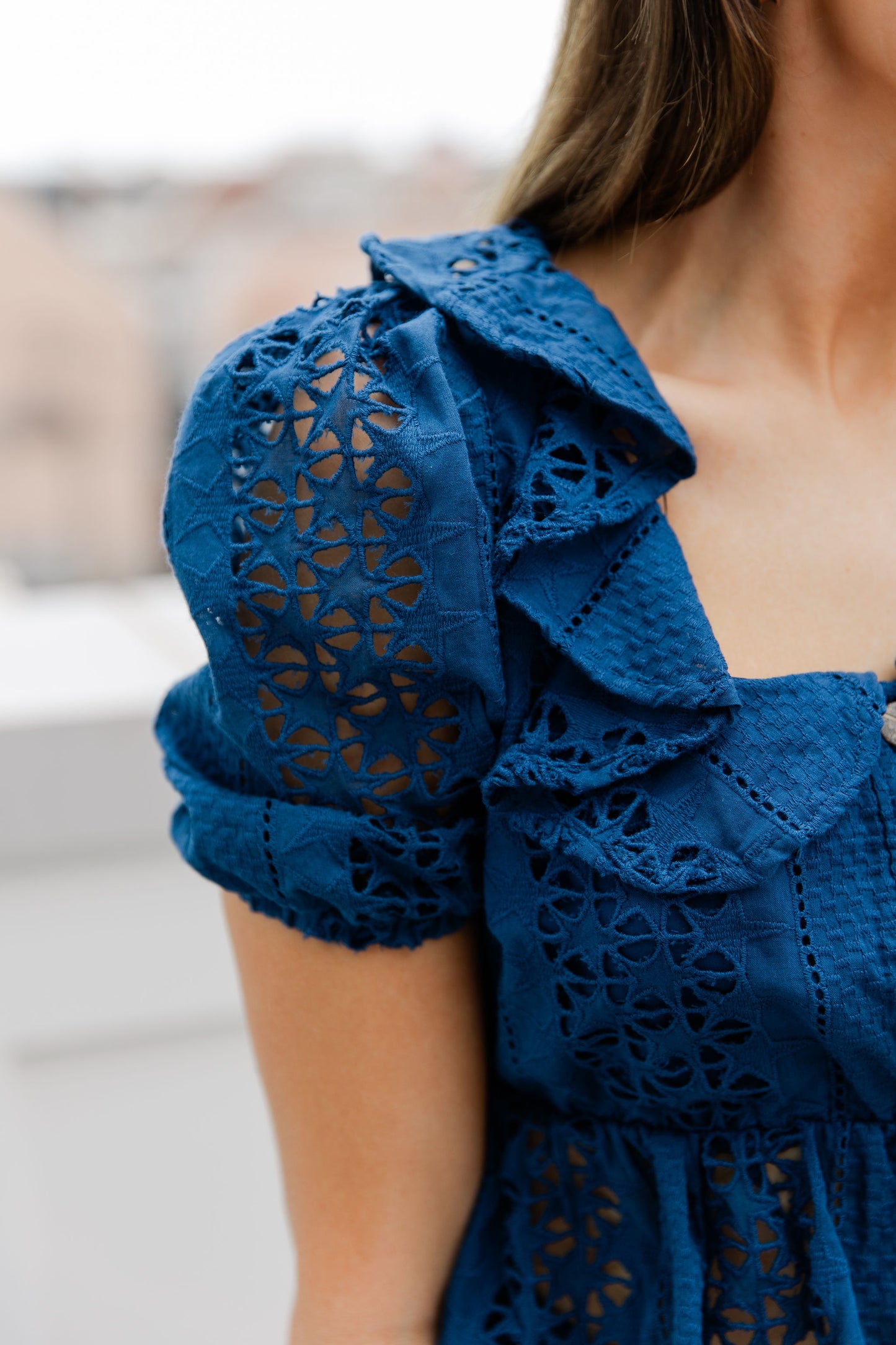 EYELET PUFF SLEEVE BABY DOLL TOP