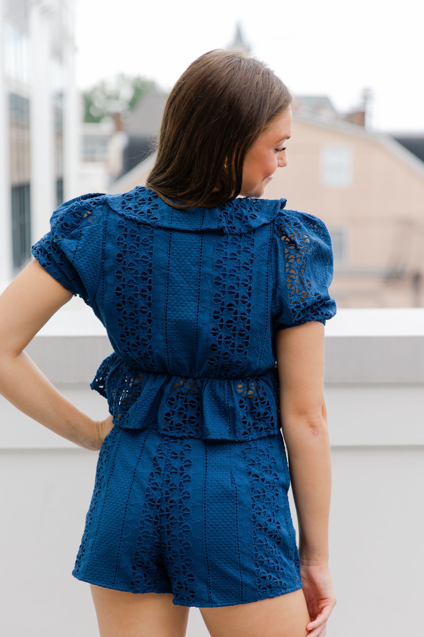 EYELET PUFF SLEEVE BABY DOLL TOP