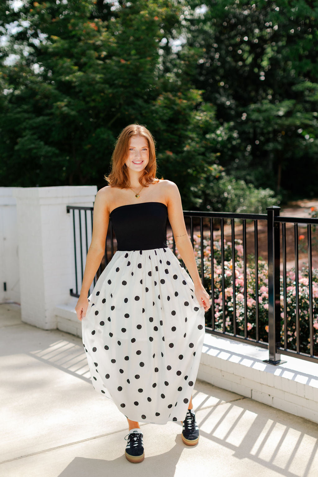 Strapless Polka Dot Midi Dress