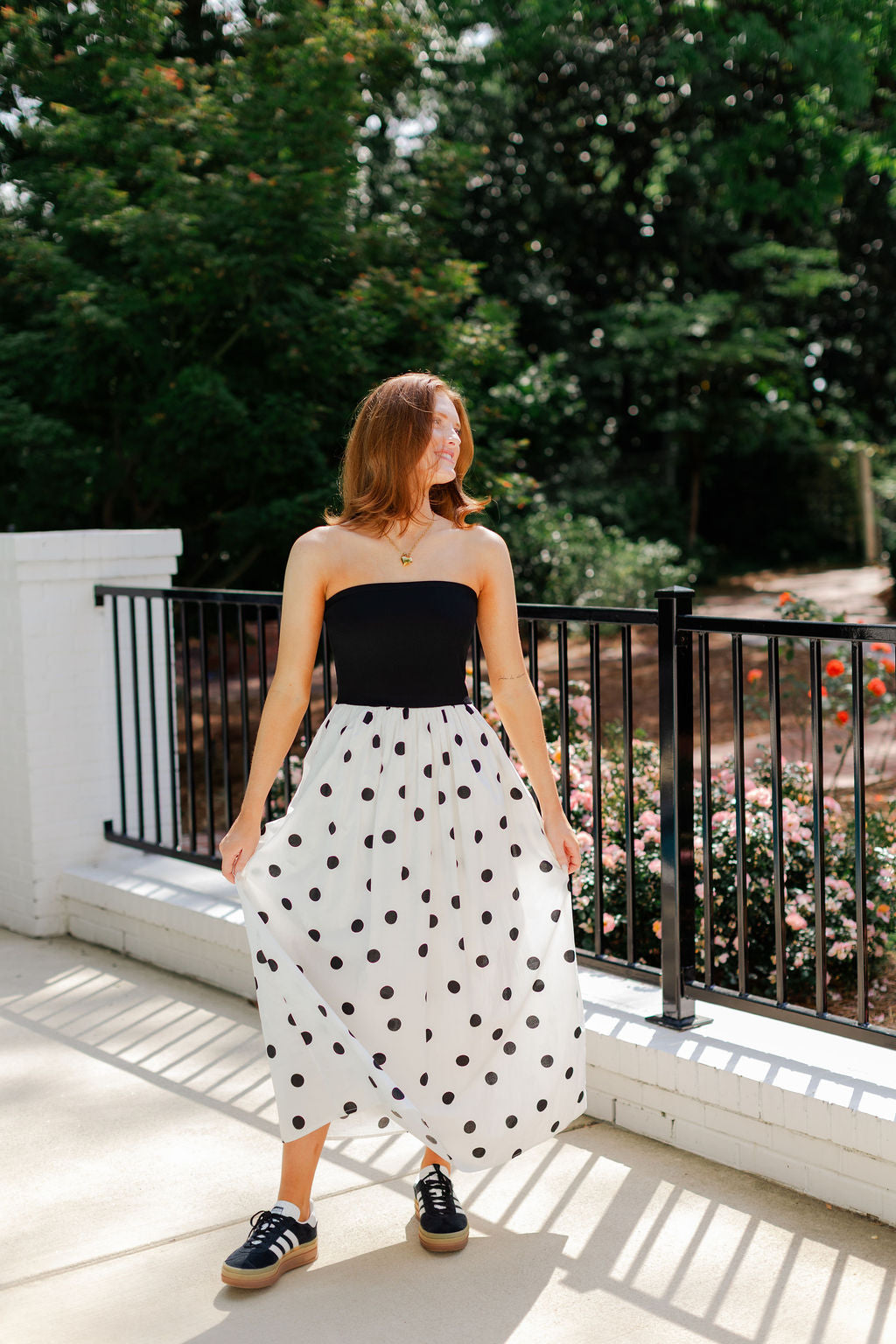 Strapless Polka Dot Midi Dress