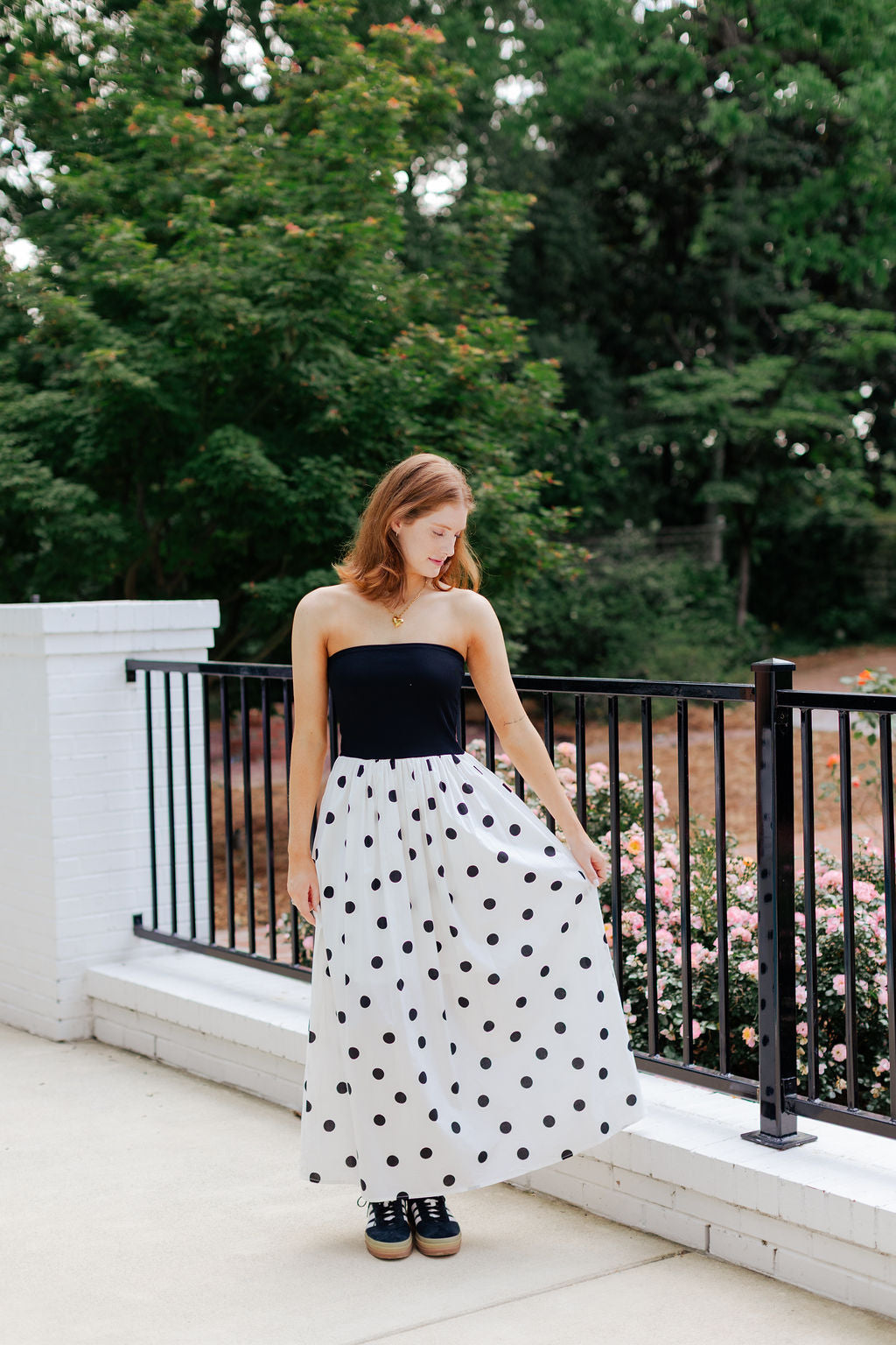 Strapless Polka Dot Midi Dress