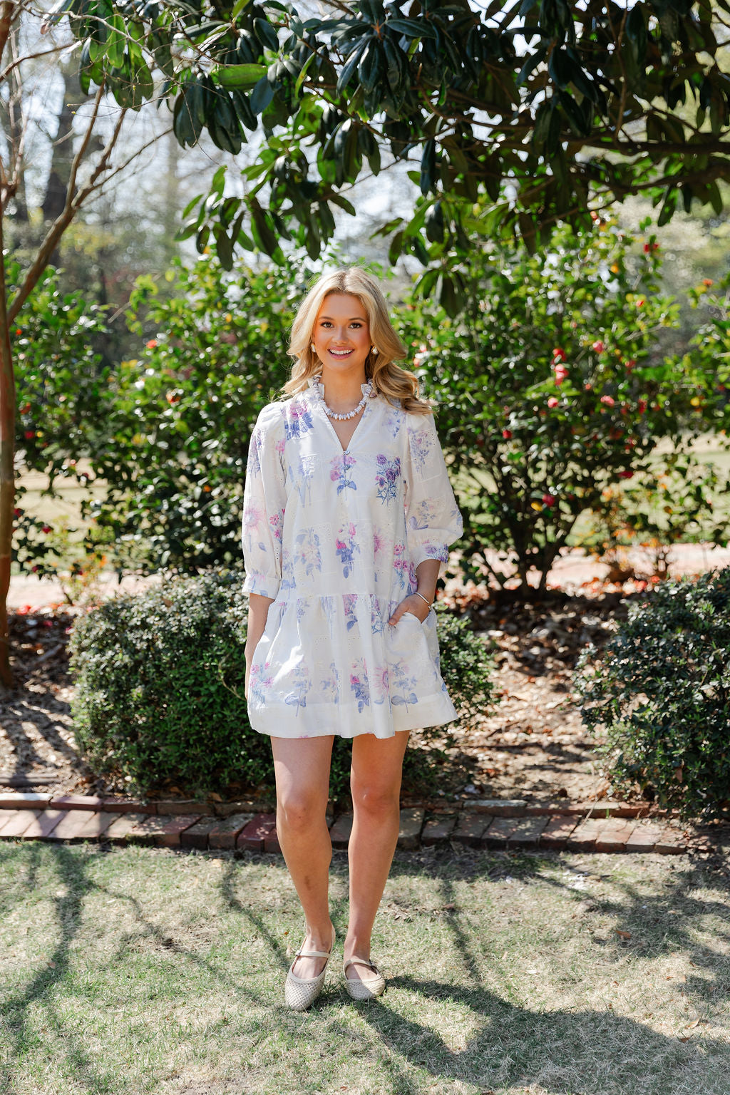 Floral Mock V Neck Dress