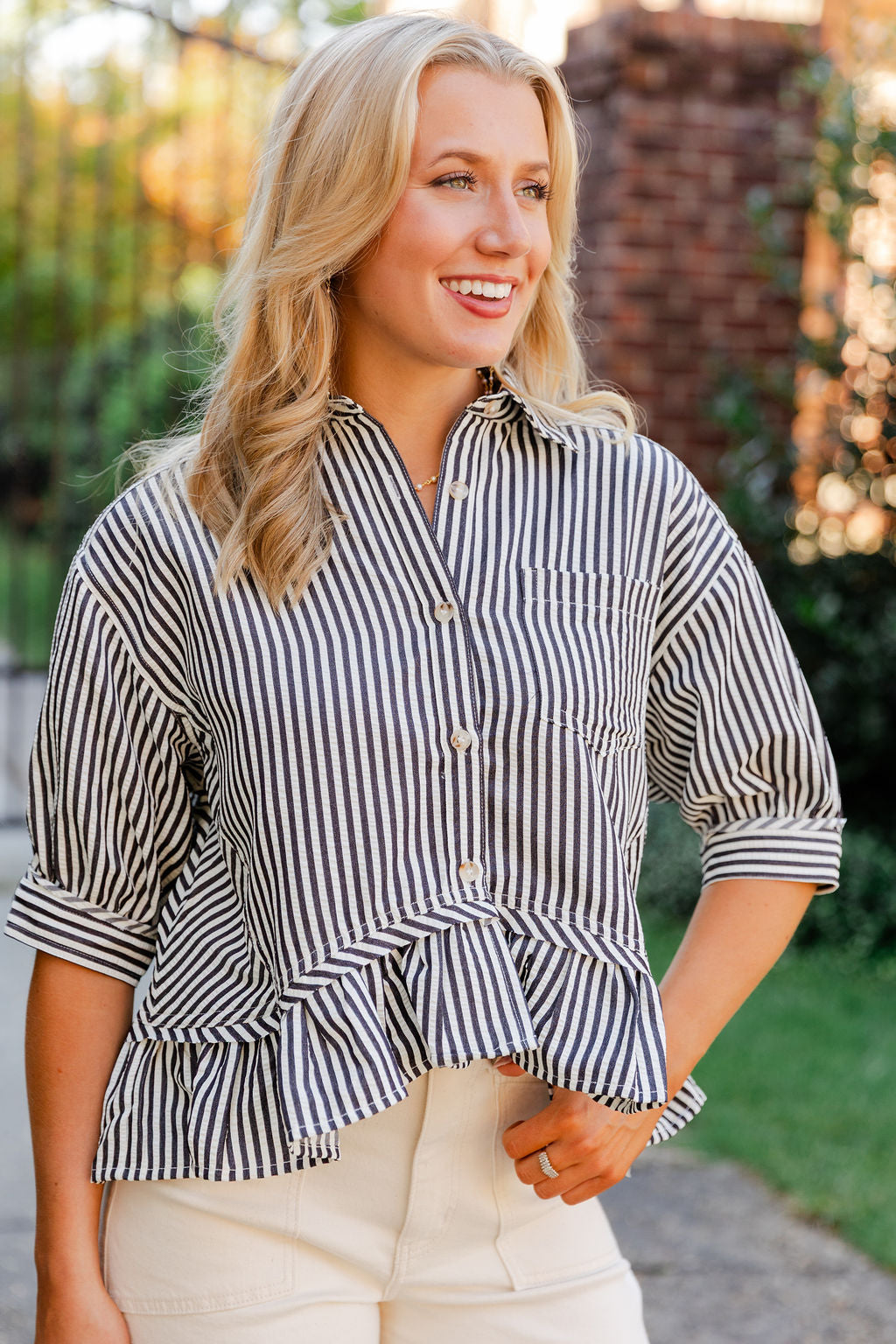 Striped Button Down Ruffle Hem Top