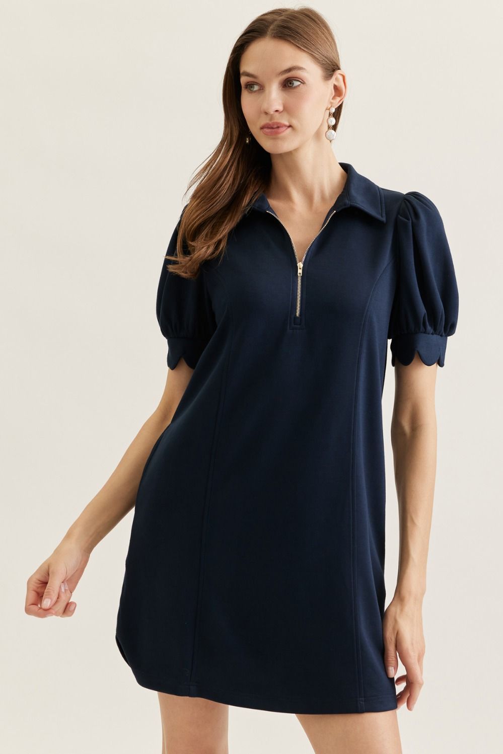 Half Zip Scallop Sleeve Dress