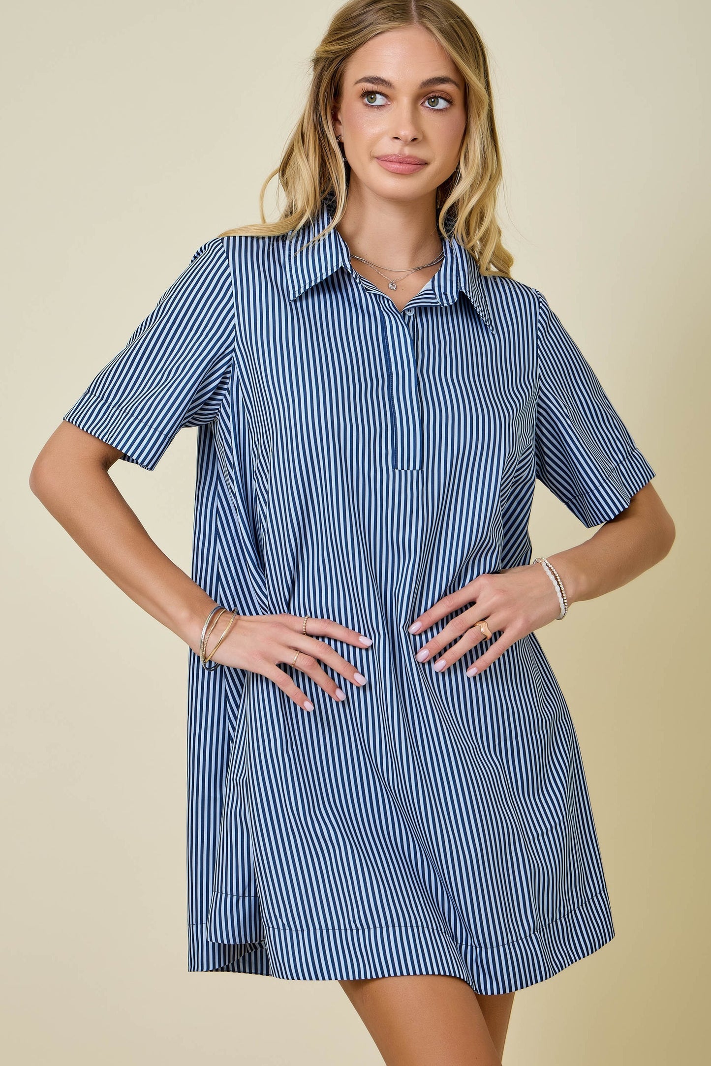 Striped Short Sleeve A-line Shirt Swing Dress