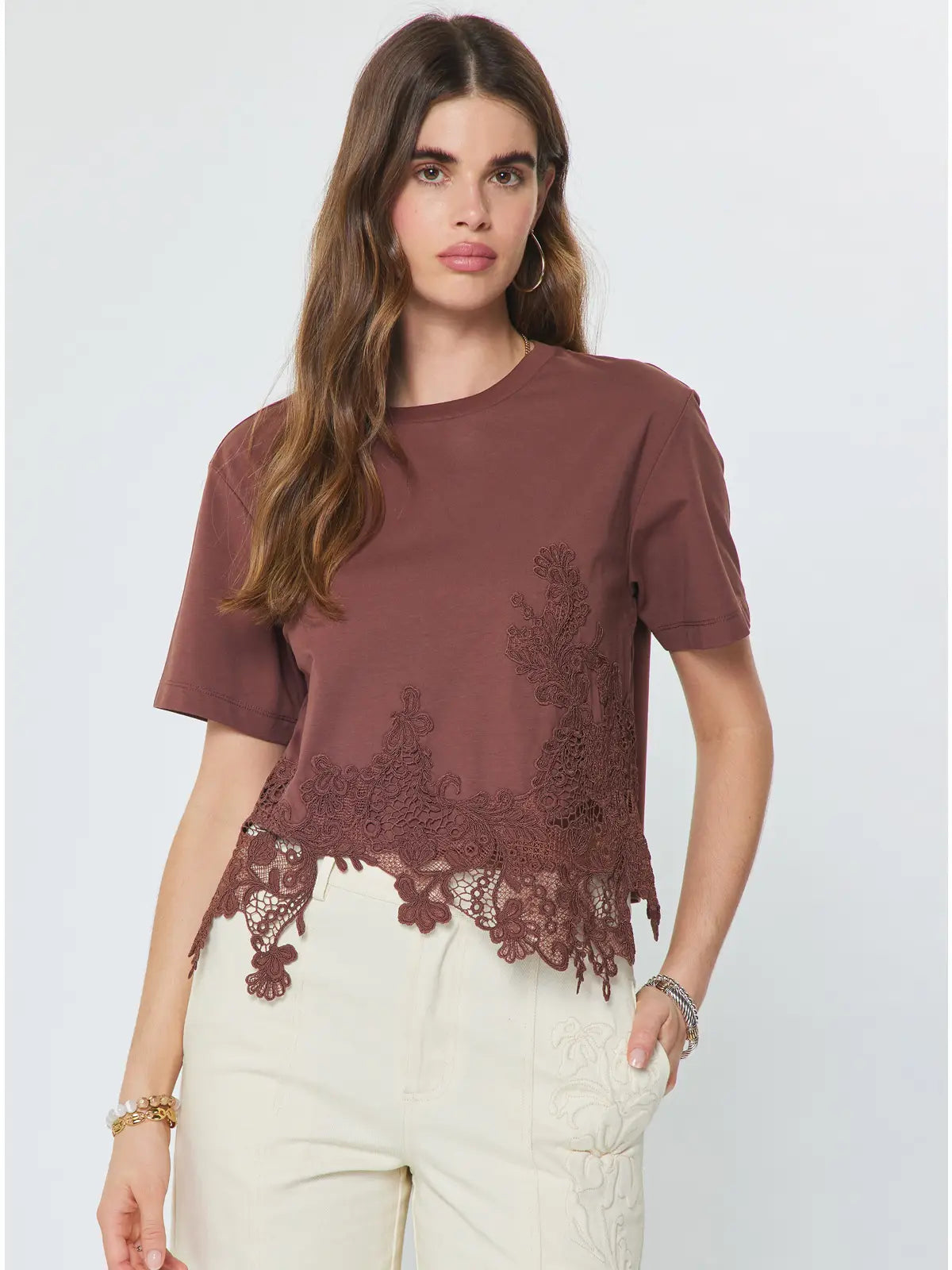 Cotton Blend Lace Hem Cropped Top