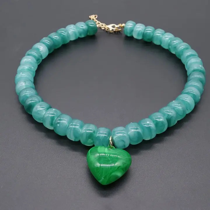 Heart Pendant Resin Beaded Necklace
