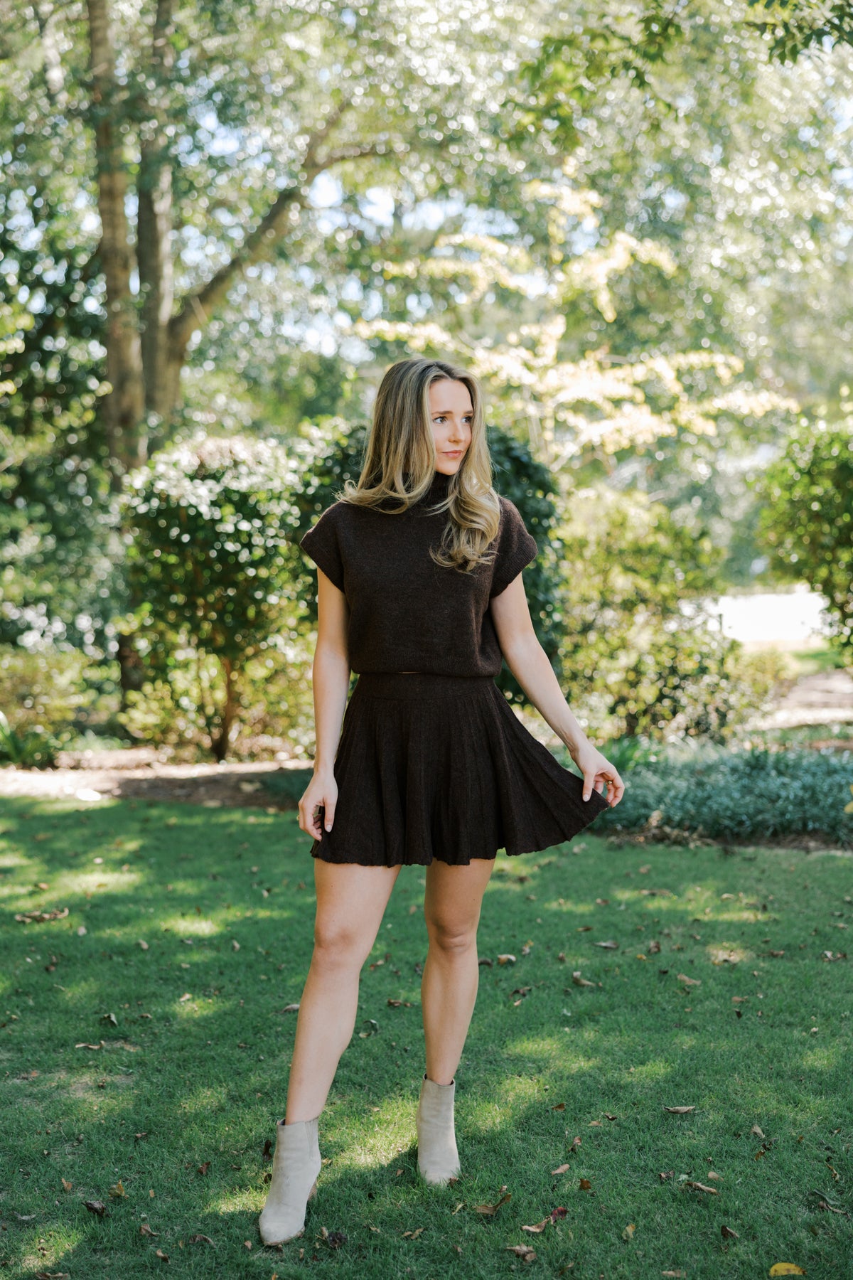 Brown Turtleneck Crop Top and Pleated Skirt Set