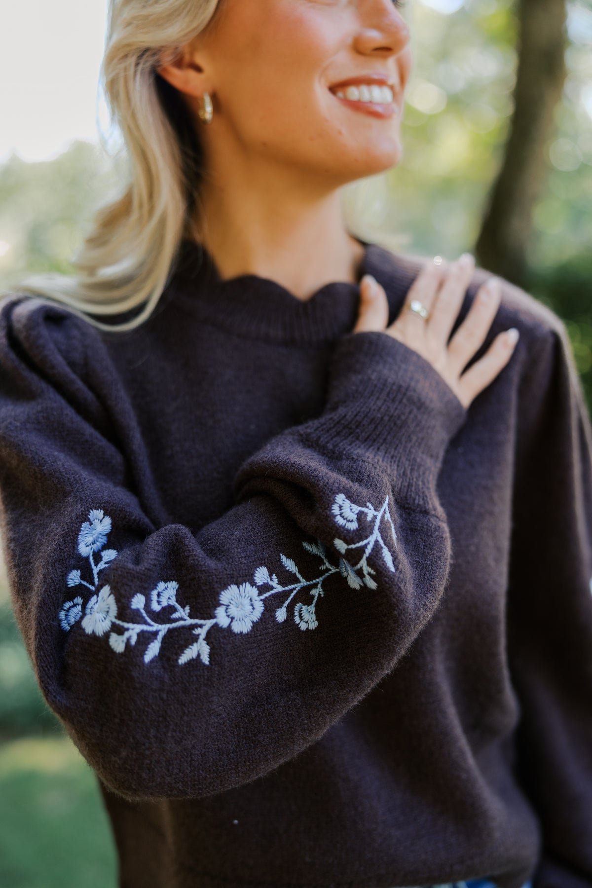 Knit Flower Embroidery Scalloped Sweater