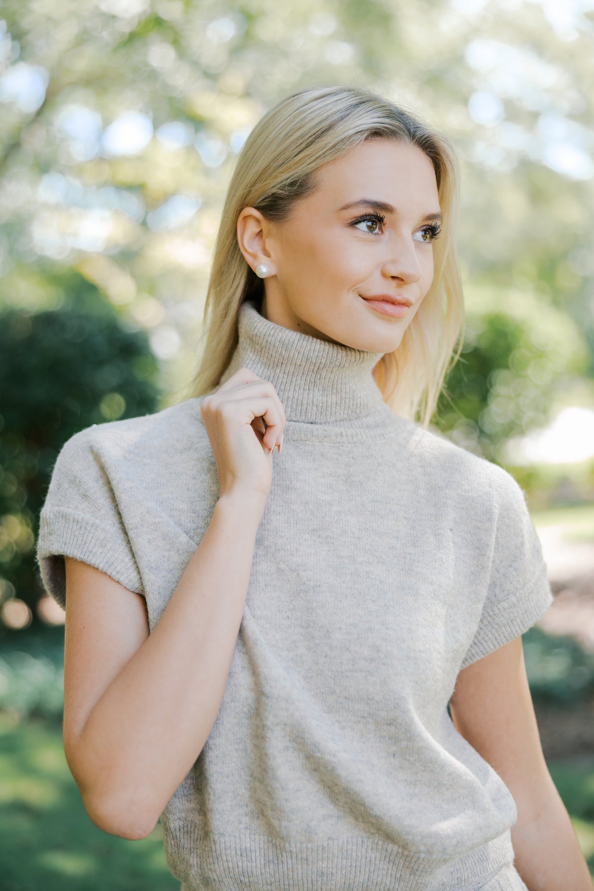 Taupe Turtleneck Crop Top and Pleated Skirt Set