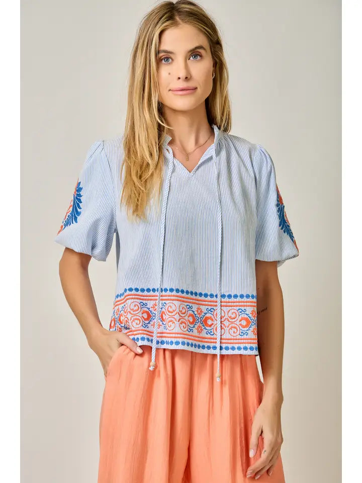 Abstract Embroidered Pinstripe Blouse