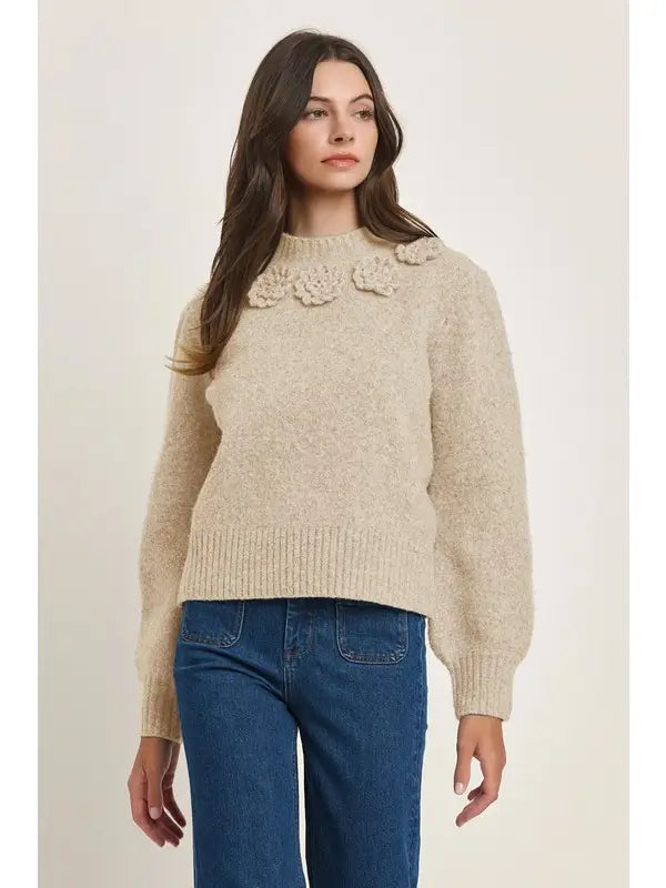 Wool Blend Sweater Top with Rosette Accents