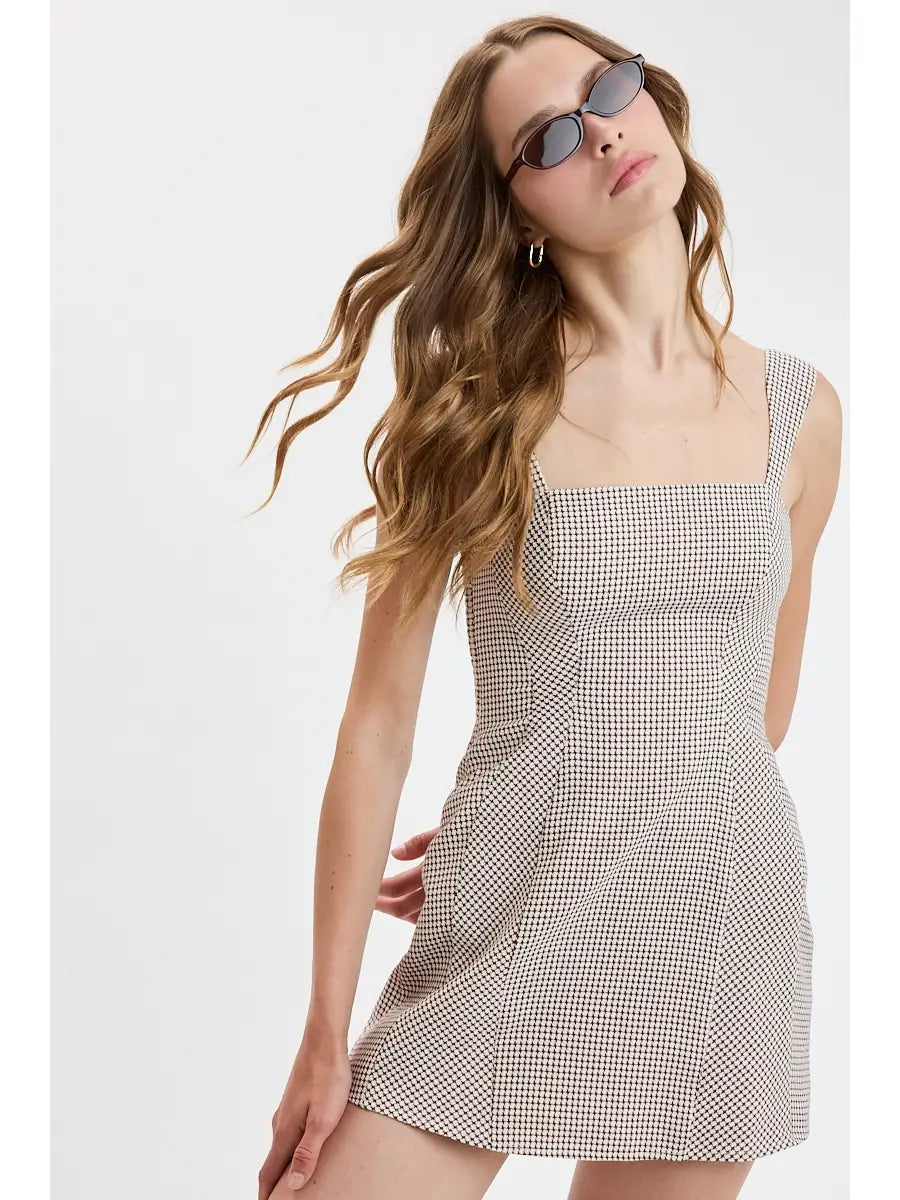 Gingham Checker Wide Strap Plain Mini Dress