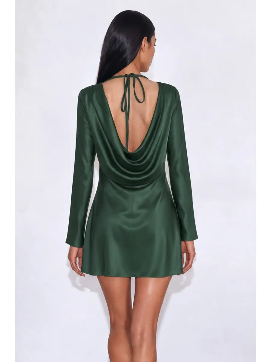 SATIN COWL NECKLINE LONG SLEEVE BIAS MINI DRESS