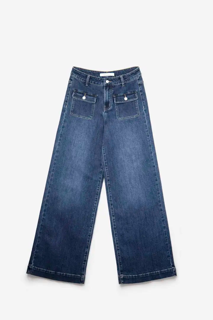 Button Front Pocket Wide Leg Jeans