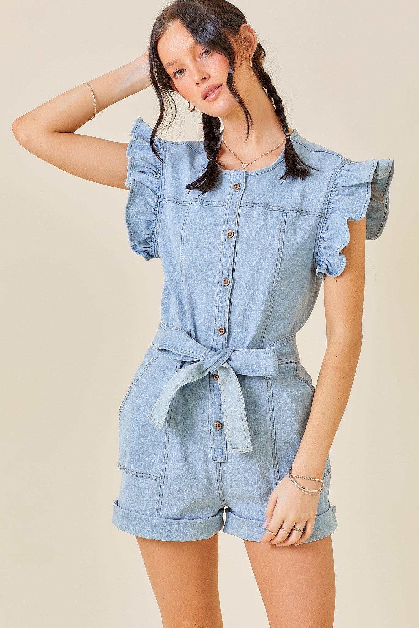 RUFFLE SLEEVE CONTRAST STITCHING DENIM ROMPER
