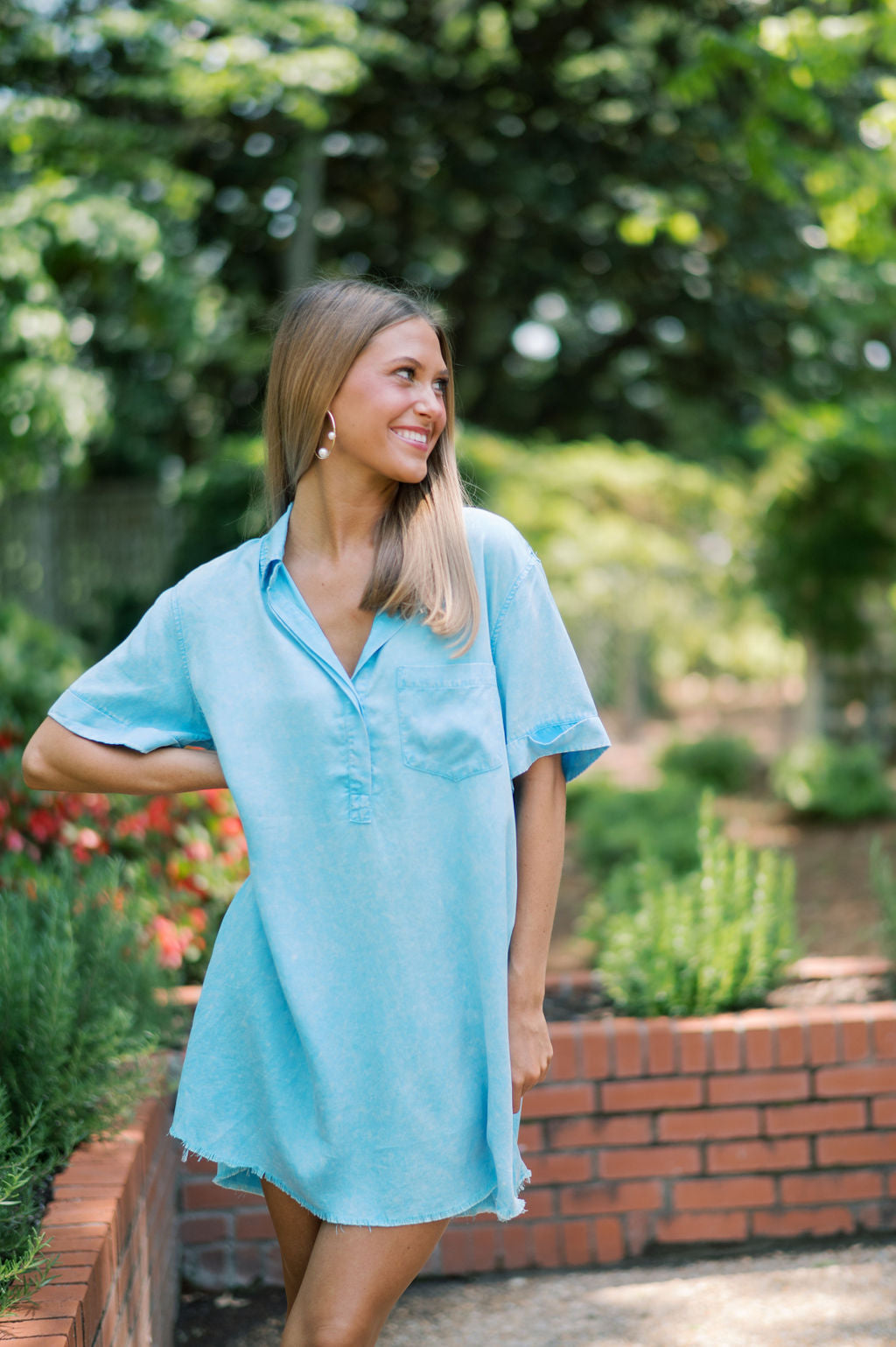 Short Sleeve Washed Denim Shirt Dress