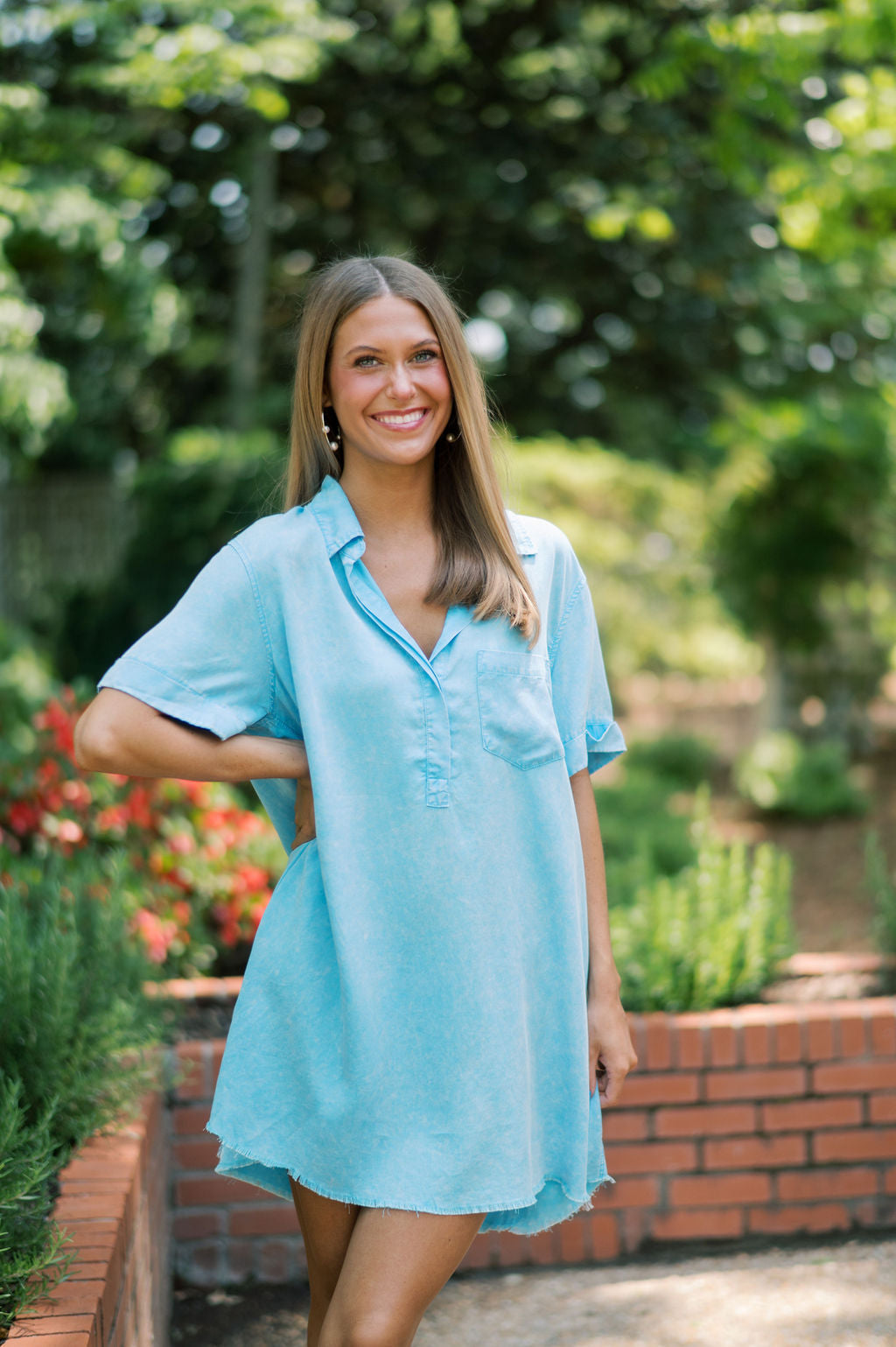 Short Sleeve Washed Denim Shirt Dress