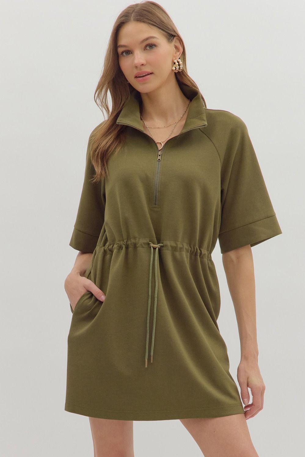 Zip Front Adjustable Drawstring Dress