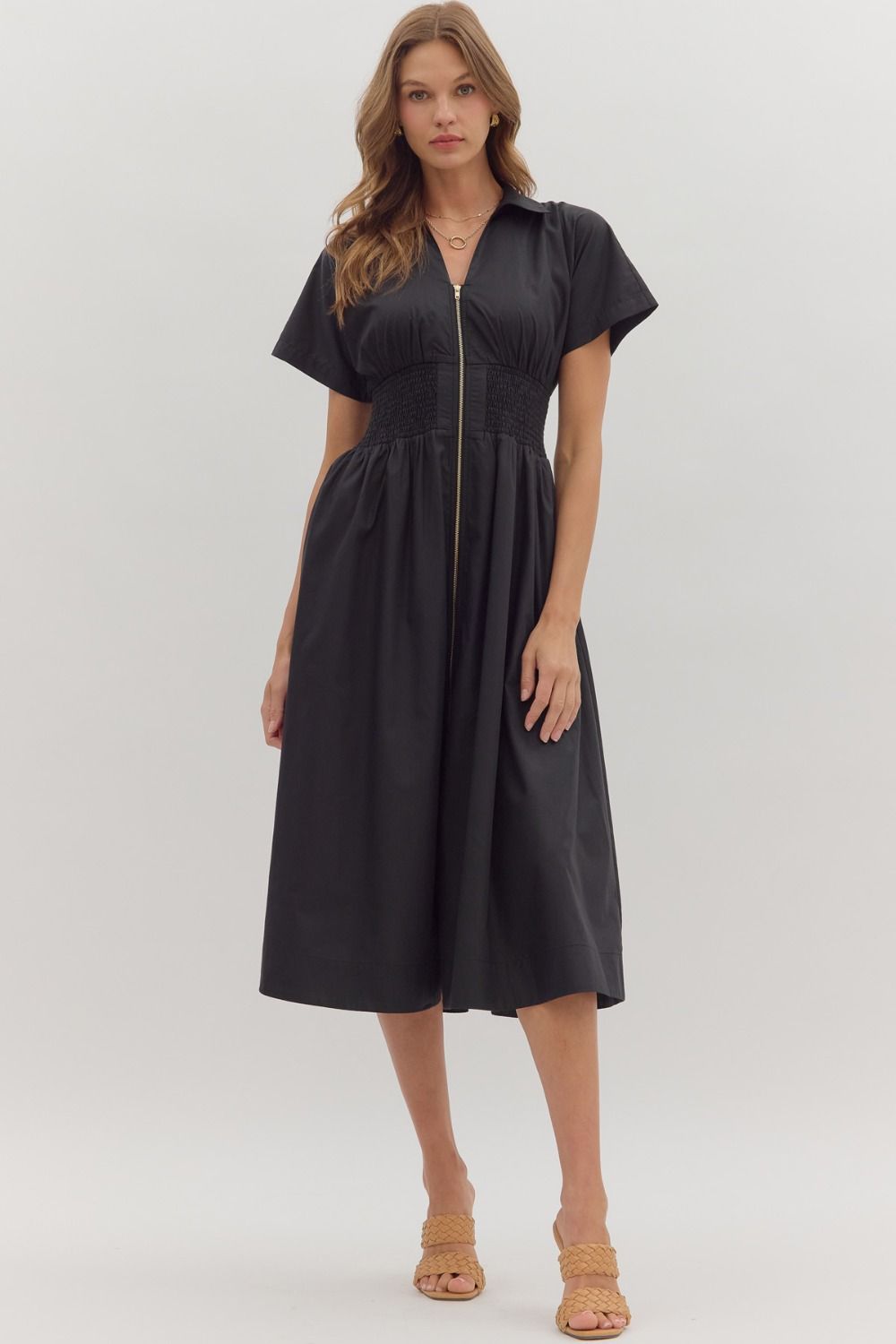 Smocked Front Zipper Midi Dress