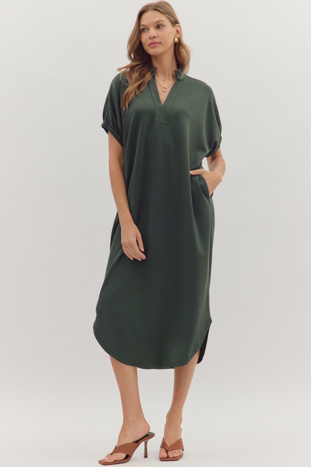 Elastic Sleeve Midi Dress