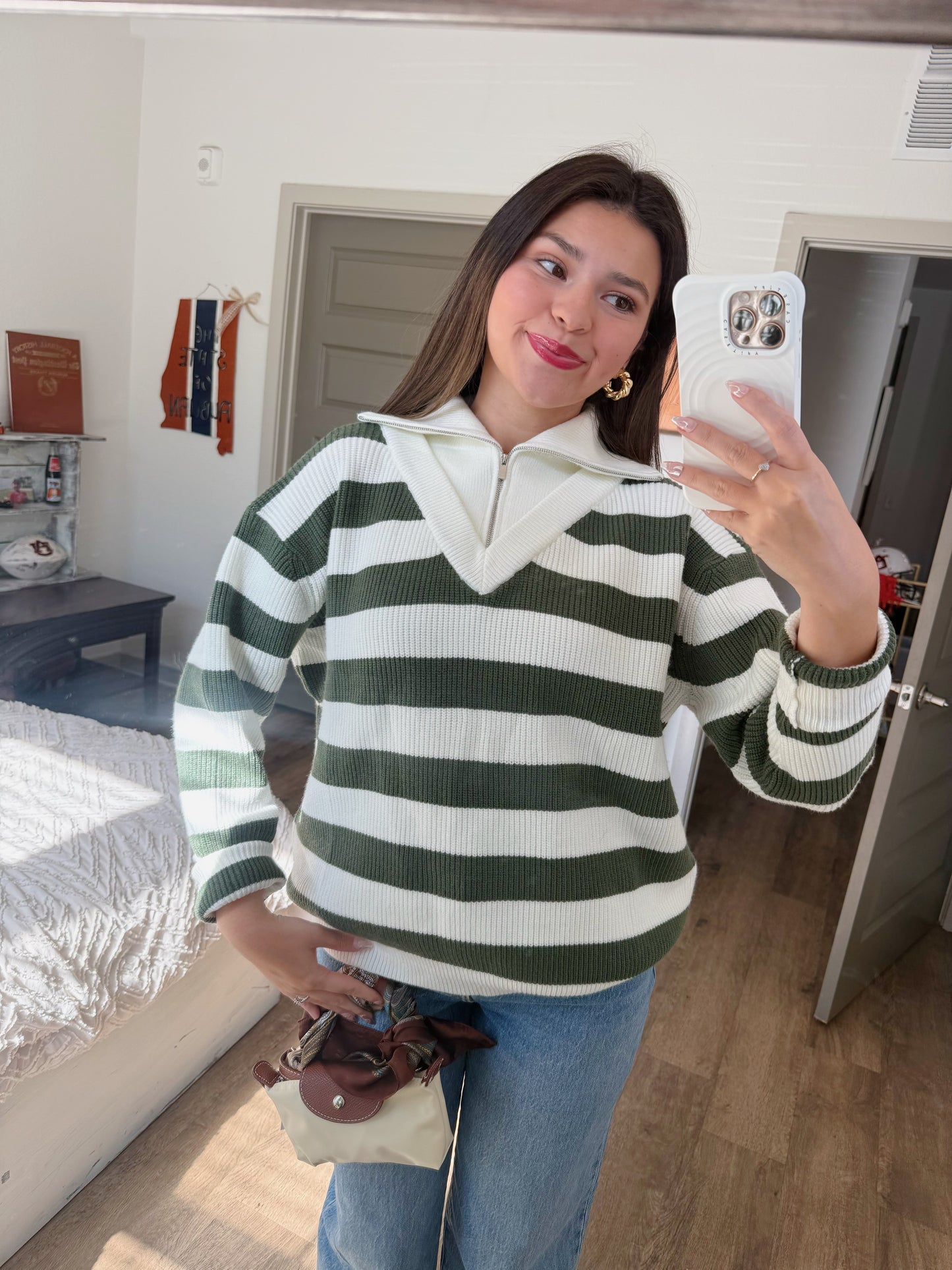 Half Zip Mock Neck Striped Sweater
