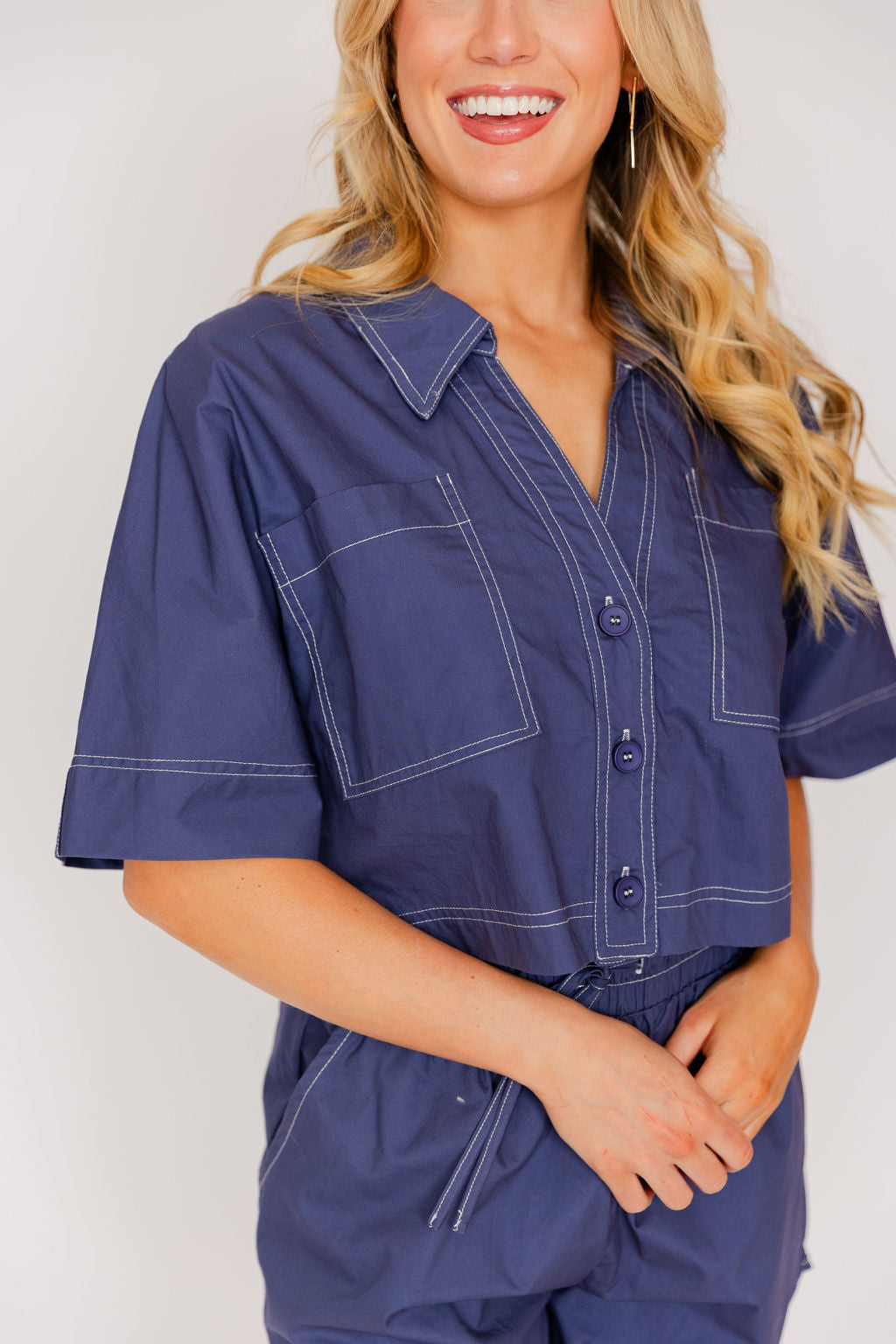 CONSTRAST STITCHING BUTTON DOWN TOP AND SHORTS SET