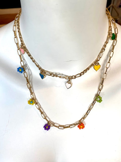 GOLD ENAMEL HEART AND FLOWER DOUBLE CHAIN NECKLACE