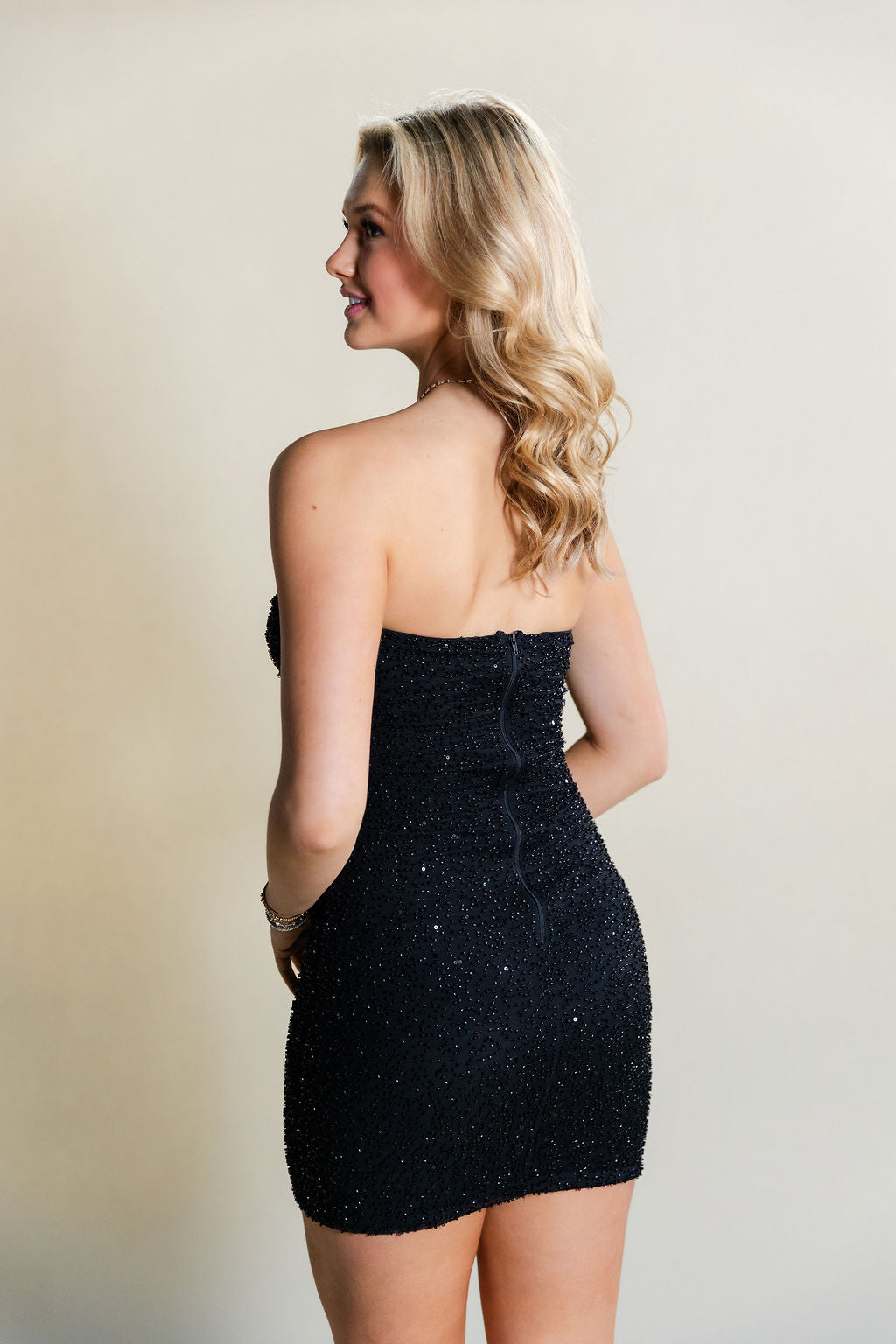 Black Strapless Mesh Beaded Mini Dress