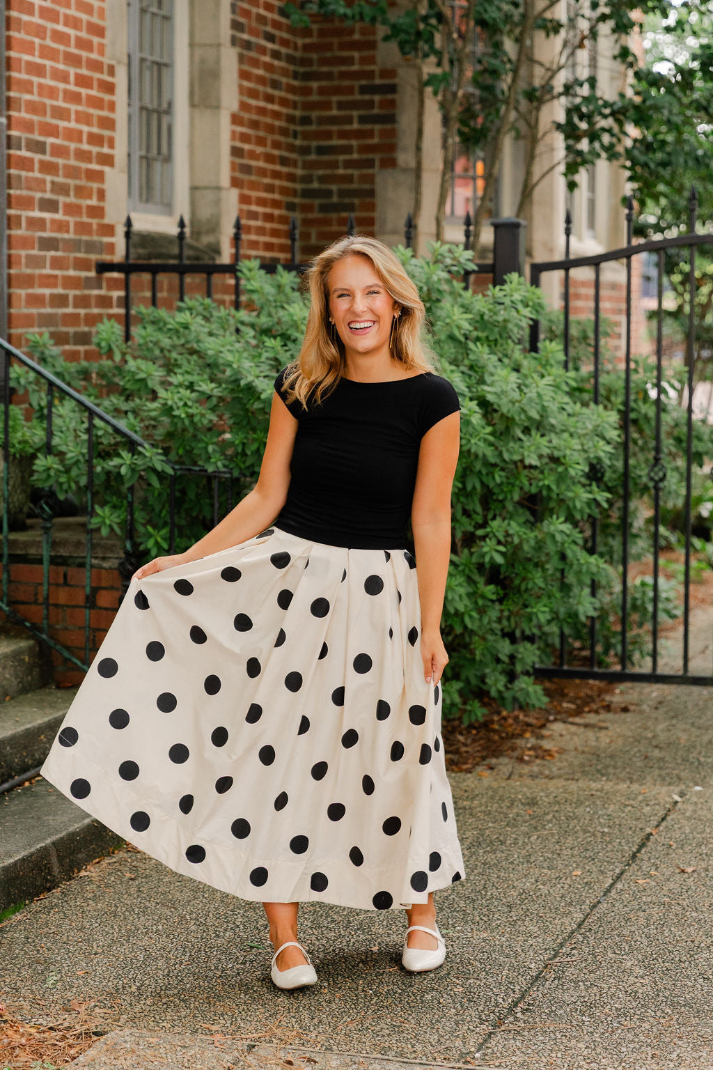 Polka Dot Pleated Midi Skirt