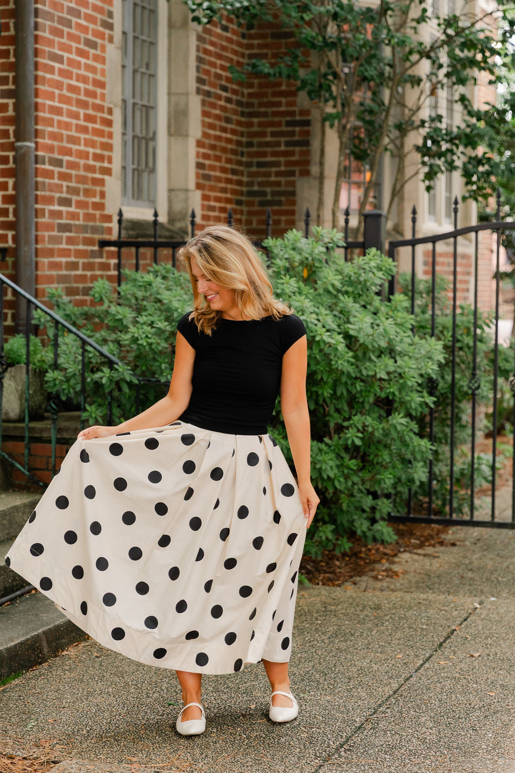 Polka Dot Pleated Midi Skirt
