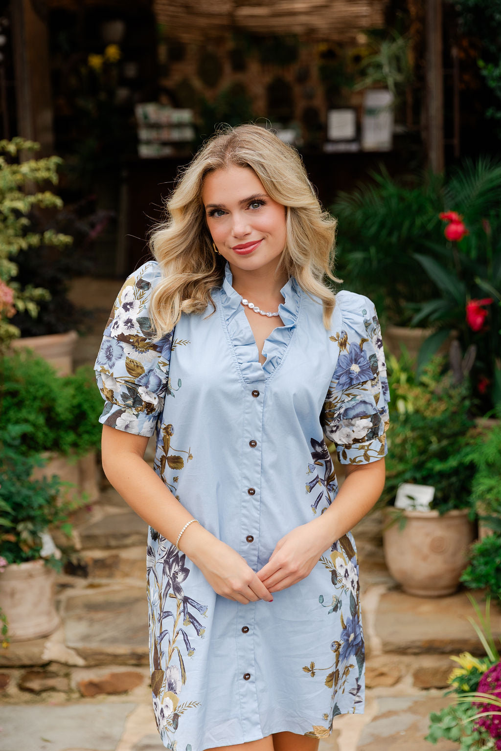 Front Button Ruffle Collar Print Dress