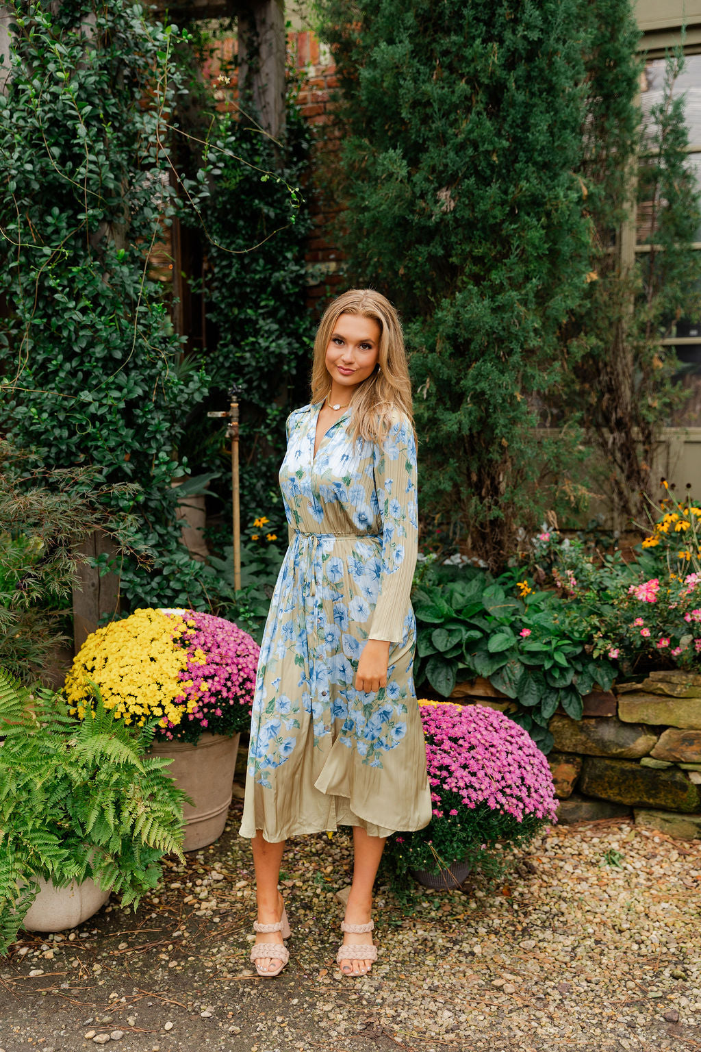 Floral Print Belted Button Down Dress
