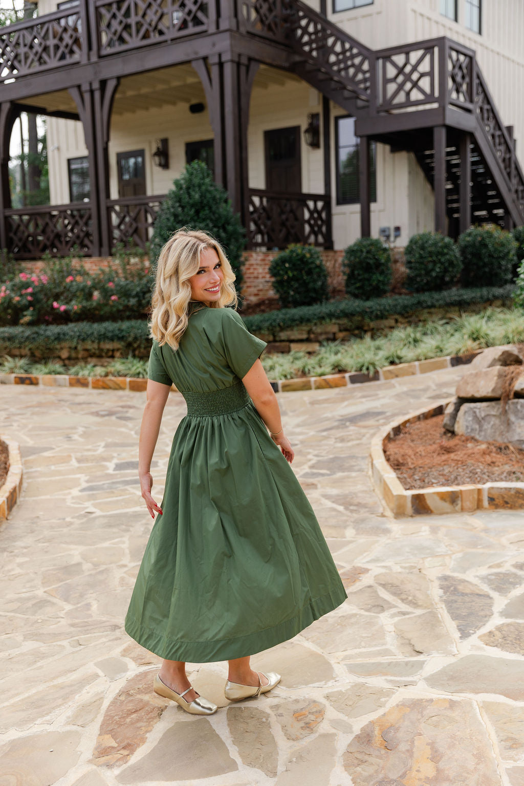 Smocked Front Zipper Midi Dress