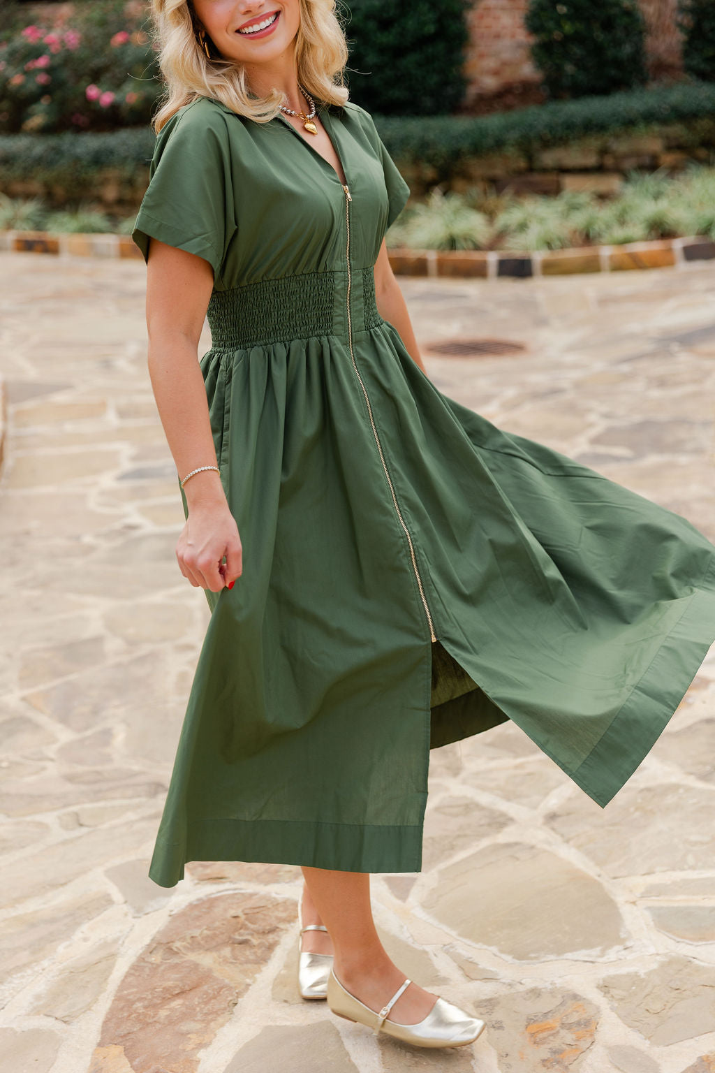 Smocked Front Zipper Midi Dress