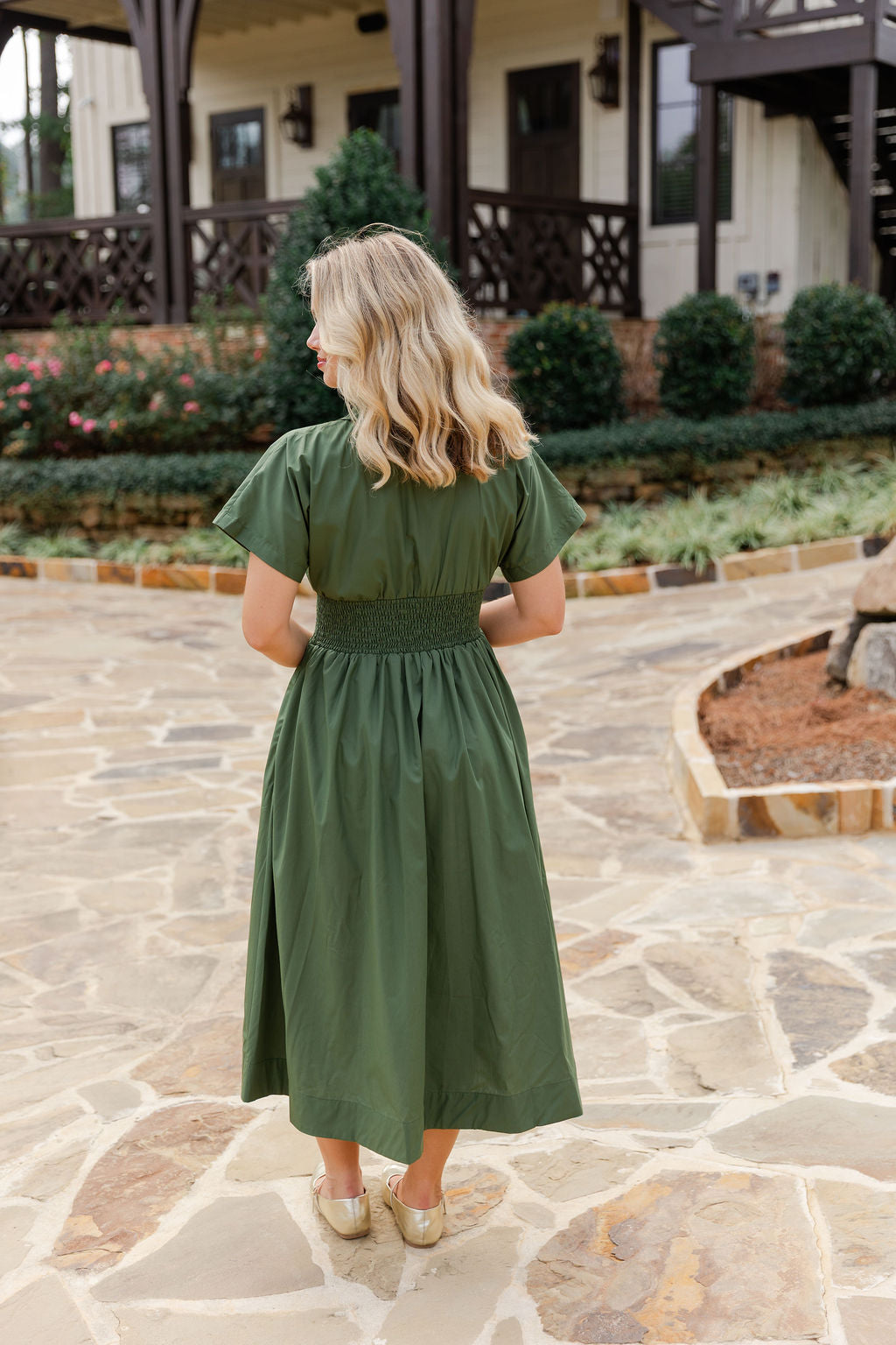 Smocked Front Zipper Midi Dress