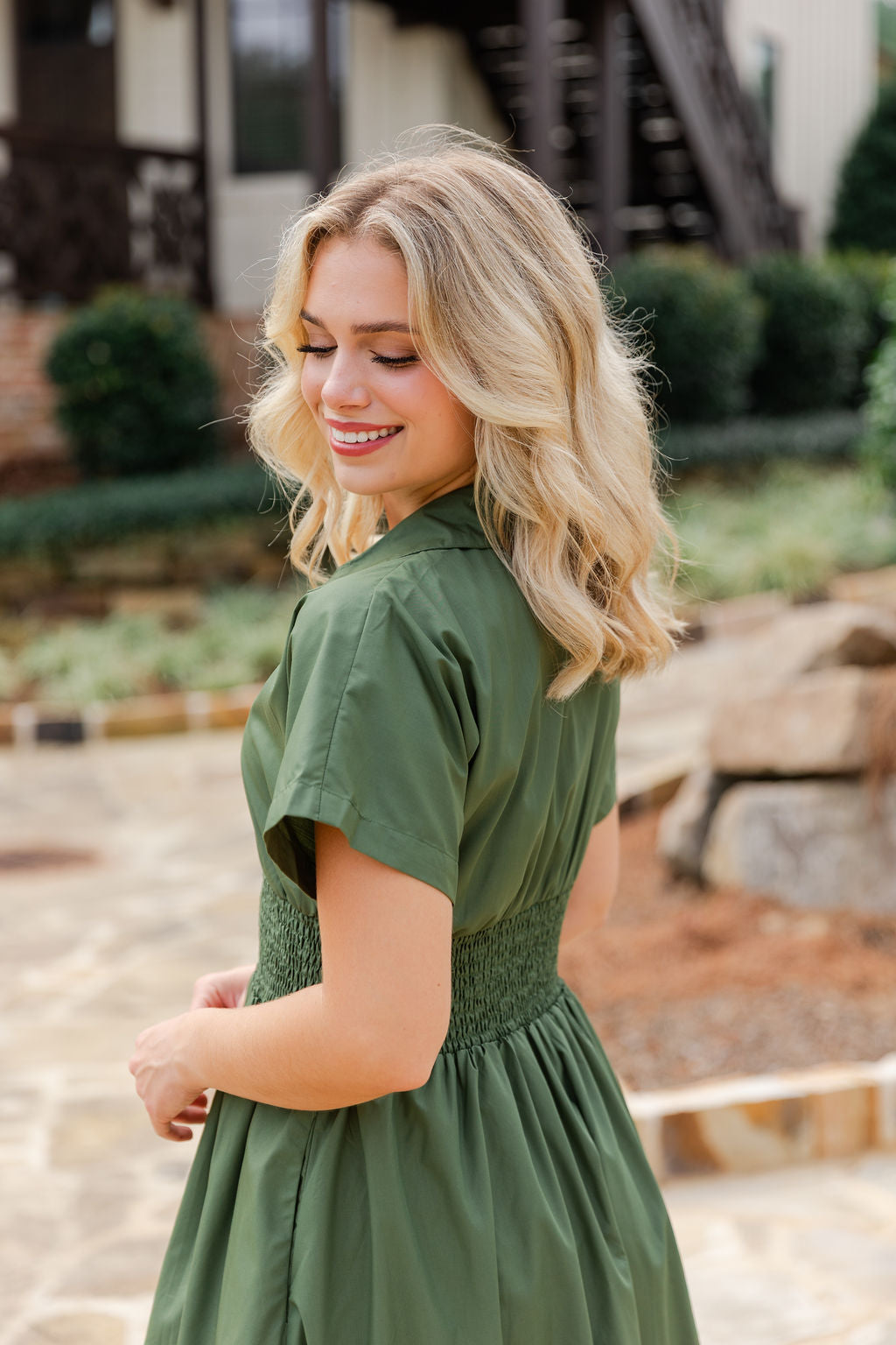 Smocked Front Zipper Midi Dress