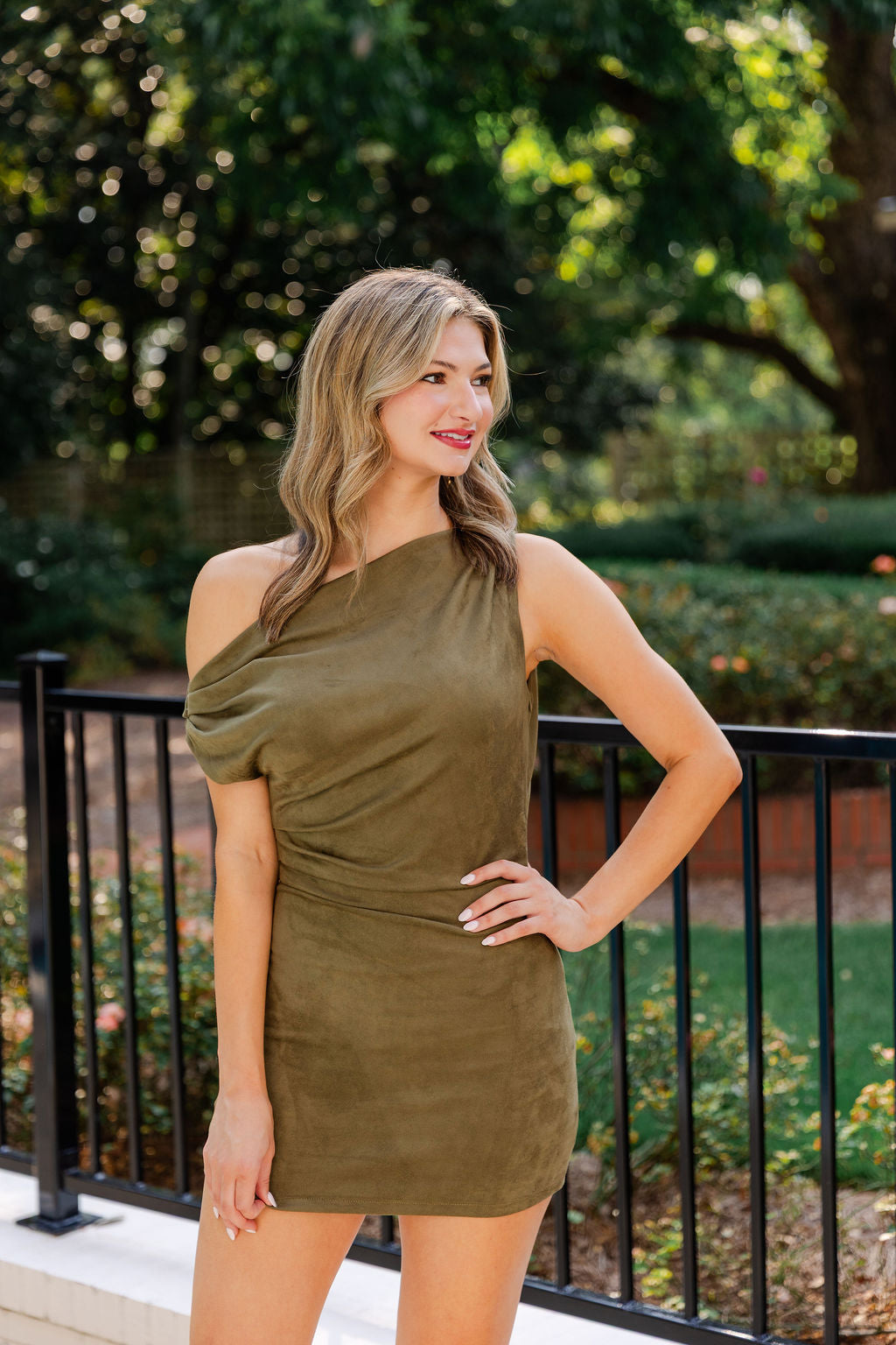 Suede Asymmetric Shoulder Mini Dress