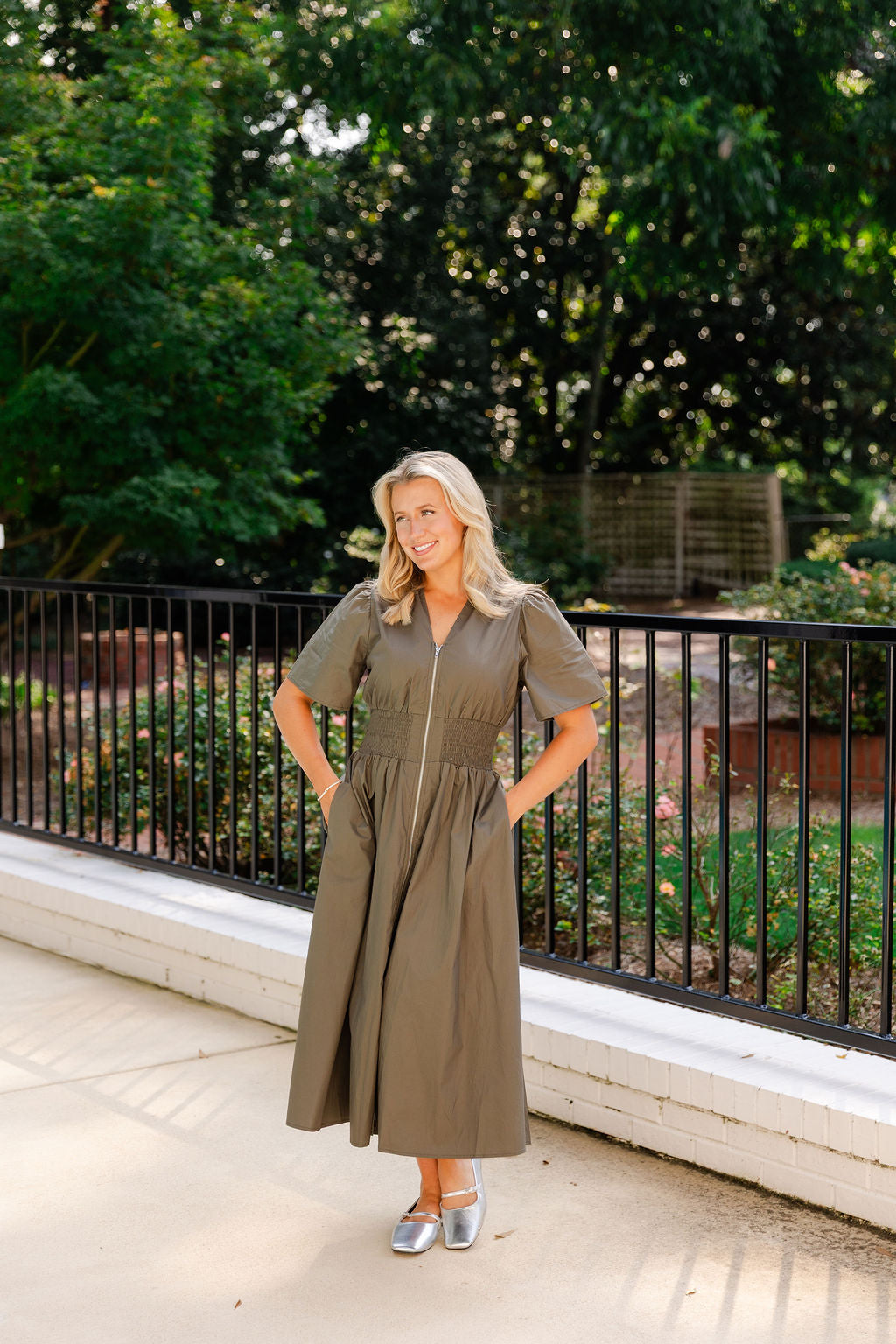 Smocked Waist Front Zip Midi Dress