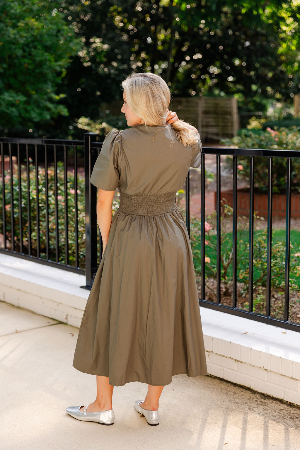 Smocked Waist Front Zip Midi Dress