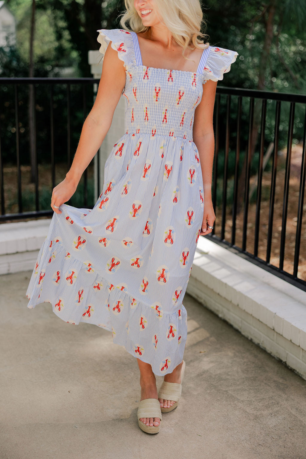 Lobster Print Smocked Midi Dress