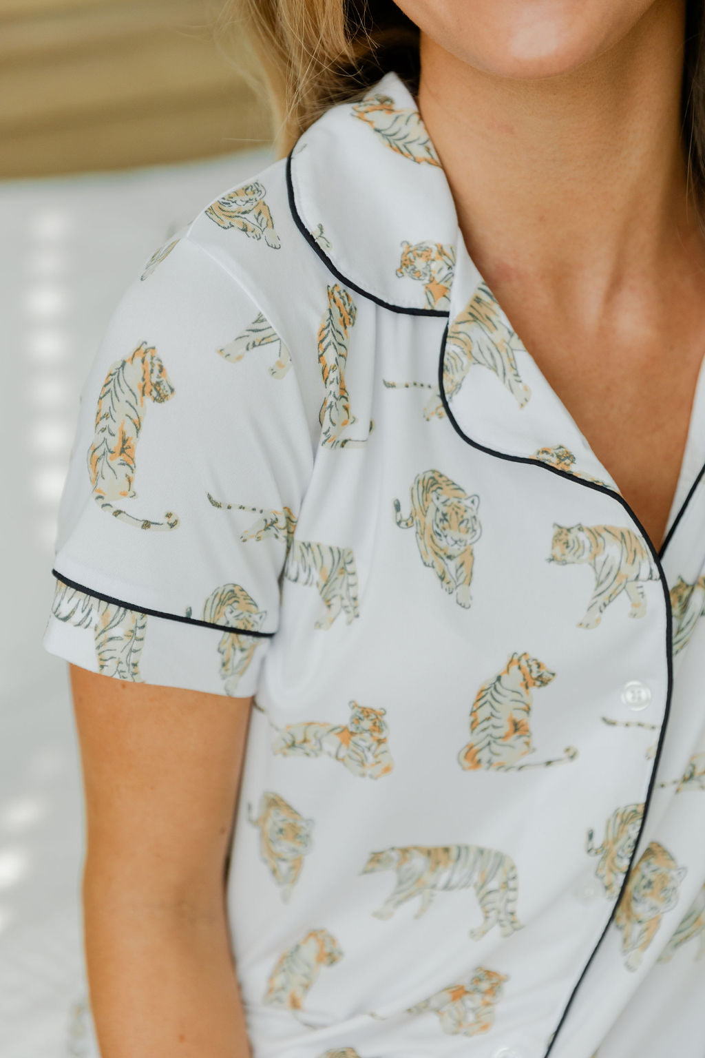 Forever Tiger Short Sleeve Button Up Sleep Shirt