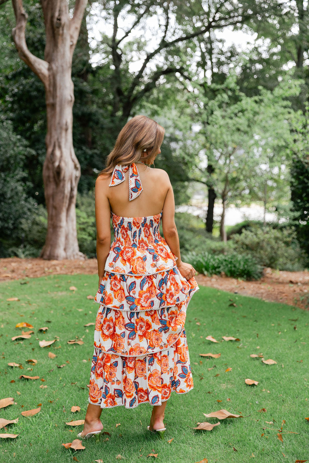 Floral Tiered Halter Bow Midi Dress