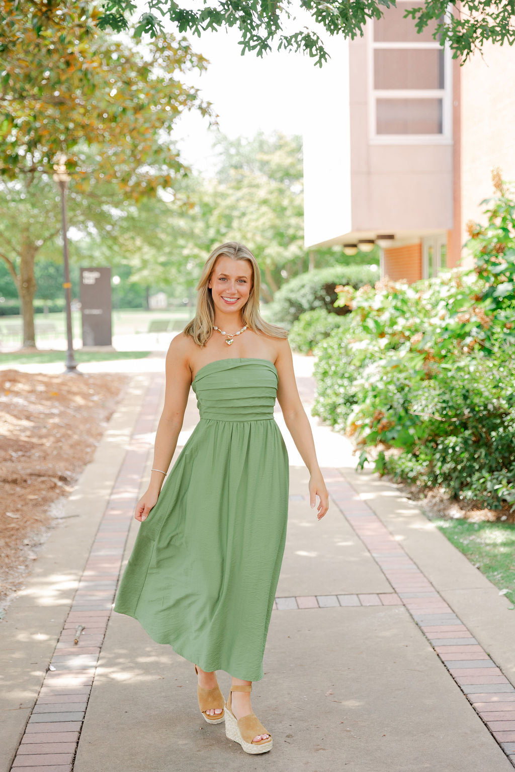 Pleated Bodice Strapless Midi Dress