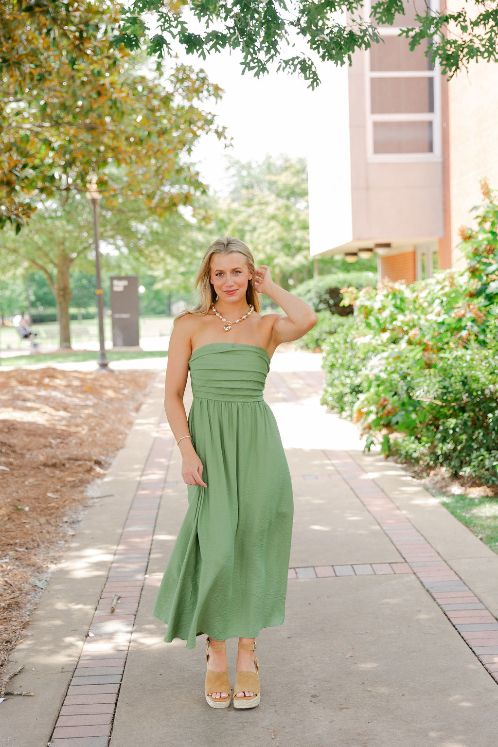 Pleated Bodice Strapless Midi Dress