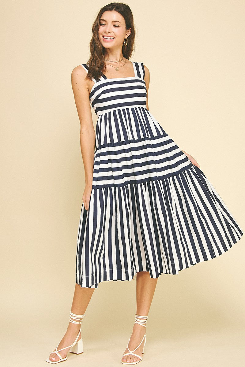 Contrast Stripe Tiered Midi Dress