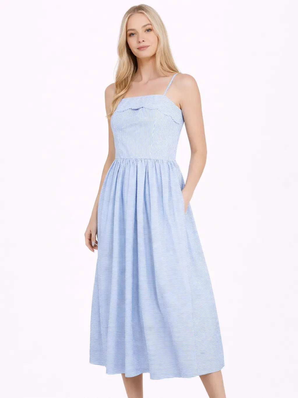 Scallop Pinstripe Midi Dress