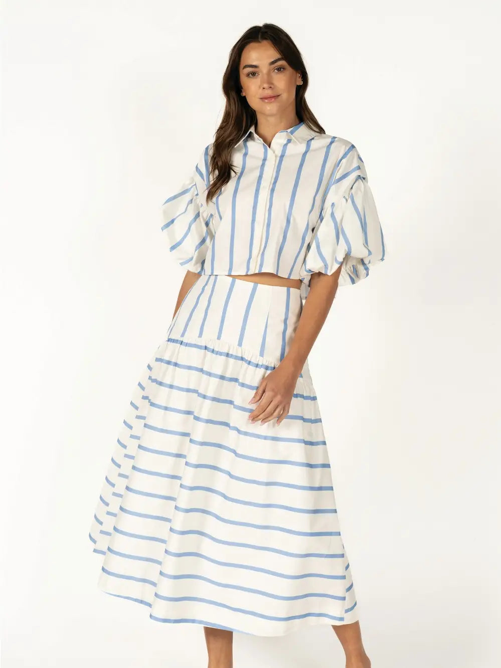 Striped Puff Sleeve Top & High Waist Midi Skirt Set